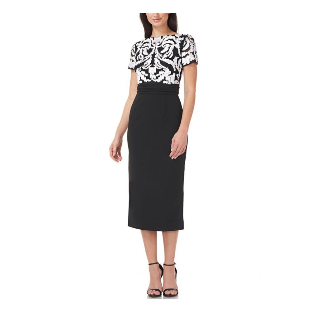 NWT JS COLLECTION Womens Black Embroidered Boat Neck Midi Evening Sheath Dress 2